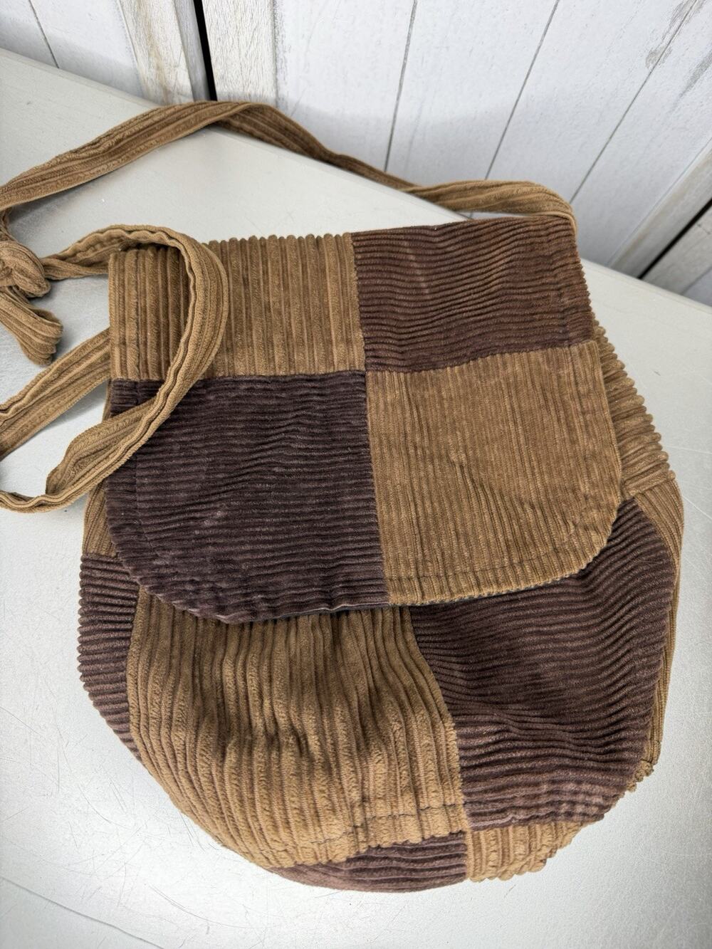 Vintage Patchwork Corduroy Mini Flap Bag Hippie Boho Hobo Brown Tan